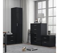 Reflect 1 Door Plain Wardrobe, 5 Drawer Chest, 2X 2 Drawer Bedsides - Black Gloss & Black Oak - Modern Bedroom Furniture Set