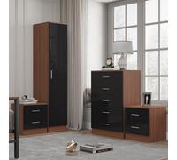 Reflect 1 Door Plain Wardrobe, 5 Drawer Chest, 2X 2 Drawer Bedsides - Black Gloss & Walnut - Modern Bedroom Furniture Set