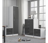 Reflect 1 Door Plain Wardrobe, 5 Drawer Chest, 2X 2 Drawer Bedsides - Grey Gloss & Matt White - Modern Bedroom Furniture Set