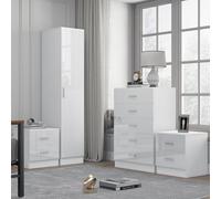 Reflect 1 Door Plain Wardrobe, 5 Drawer Chest, 2X 2 Drawer Bedsides - White Gloss & Matt White - Modern Bedroom Furniture Set