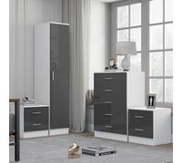 Reflect 1 Door Plain Wardrobe, 5 Drawer Tallboy Chest, 2x 2 Drawer Bedside Tables | Grey Gloss & Matt White Finish | Modern Bedroom Furniture Set