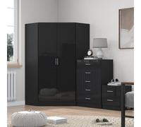 Reflect 2 Door Corner Wardrobe, 5 Drawer Chest, 2 Drawer Bedside - Black Gloss & Black Oak - Bedroom Furniture Set
