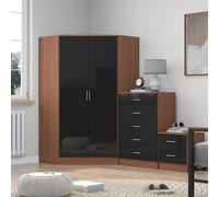 Reflect 2 Door Corner Wardrobe, 5 Drawer Chest, 2 Drawer Bedside - Black Gloss & Walnut - Bedroom Furniture Set