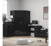 Reflect 2 Door Corner Wardrobe, 5 Drawer Chest, 2 Drawer Bedside & Desk - Black Gloss & Black Oak - Bedroom Furniture Set