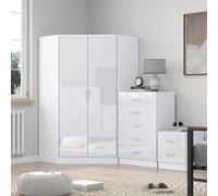 Reflect 2 Door Corner Wardrobe, 5 Drawer Chest, 2 Drawer Bedside - White Gloss & Matt White - Bedroom Furniture Set