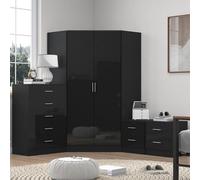 Reflect 2 Door Corner Wardrobe, 5 Drawer Chest, 2X 2 Drawer Bedsides - Black Gloss & Black Oak - Bedroom Furniture Set