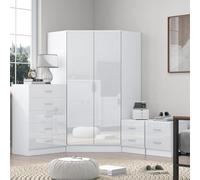 Reflect 2 Door Corner Wardrobe, 5 Drawer Chest, 2X 2 Drawer Bedsides - White Gloss & Matt White - Bedroom Furniture Set