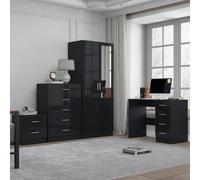 Reflect 2 Door Mirror Wardrobe, 5 Drawer Chest, 2 Drawer Bedside & Desk - Black Gloss & Black Oak - Modern Bedroom Furniture Set