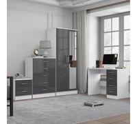 Reflect 2 Door Mirror Wardrobe, 5 Drawer Chest, 2 Drawer Bedside & Desk - Grey Gloss & Matt White - Modern Bedroom Furniture Set