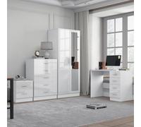 Reflect 2 Door Mirror Wardrobe, 5 Drawer Chest, 2 Drawer Bedside & Desk - White Gloss & Matt White - Modern Bedroom Furniture Set