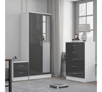 Reflect 2 Door Mirror Wardrobe, 5 Drawer Chest, 2 Drawer Bedside - Grey Gloss & Matt White - Modern Bedroom Furniture Set