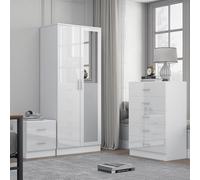 Reflect 2 Door Mirror Wardrobe, 5 Drawer Chest, 2 Drawer Bedside - White Gloss & Matt White - Modern Bedroom Furniture Set