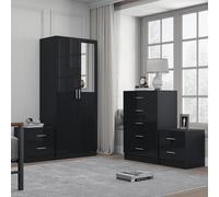 Reflect 2 Door Mirror Wardrobe, 5 Drawer Chest, 2X 2 Drawer Bedsides - Black Gloss & Black Oak - Modern Bedroom Furniture Set