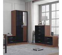 Reflect 2 Door Mirror Wardrobe, 5 Drawer Chest, 2X 2 Drawer Bedsides - Black Gloss & Walnut - Modern Bedroom Furniture Set