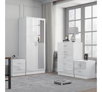 Reflect 2 Door Mirror Wardrobe, 5 Drawer Chest, 2X 2 Drawer Bedsides - White Gloss & Matt White - Modern Bedroom Furniture Set