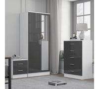 Reflect 2 Door Mirror Wardrobe, 5 Drawer Tallboy Chest, 2 Drawer Bedside Table | Grey Gloss & Matt White Finish | Modern Bedroom Furniture Set