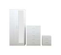 Reflect 2 Door Mirror Wardrobe, 5 Drawer Tallboy Chest, 2 Drawer Bedside Table | White Gloss & Matt White Finish | Modern Bedroom Furniture Set