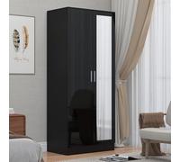 Reflect 2 Door Mirrored Wardrobe - Black Gloss & Black Oak - Hanging Rails & Shelves - H: 180Cm X W: 76Cm - Modern Sleek Design