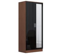 Reflect 2 Door Mirrored Wardrobe | Black Gloss & Walnut | Bedroom Storage with Hanging Rails & Shelves | H: 180cm x W: 76cm x D: 47cm | Modern Sleek Design