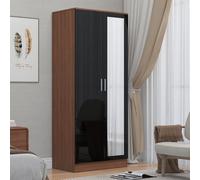 Reflect 2 Door Mirrored Wardrobe - Black Gloss & Walnut - Hanging Rails & Shelves - H: 180Cm X W: 76Cm - Modern Sleek Design