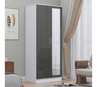 Reflect 2 Door Mirrored Wardrobe - Grey Gloss & Matt White - Hanging Rails & Shelves - H: 180Cm X W: 76Cm - Modern Sleek Design