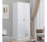 Reflect 2 Door Mirrored Wardrobe - White Gloss & Matt White - Hanging Rails & Shelves - H: 180Cm X W: 76Cm - Modern Sleek Design