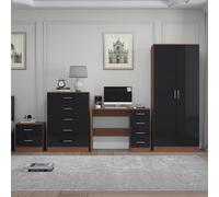 Reflect 2 Door Plain Wardrobe, 5 Drawer Chest, 2 Drawer Bedside & Desk - Black Gloss & Walnut - Modern Bedroom Furniture Set