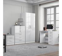 Reflect 2 Door Plain Wardrobe, 5 Drawer Chest, 2 Drawer Bedside & Desk - White Gloss & Matt White - Modern Bedroom Furniture Set