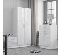 Reflect 2 Door Plain Wardrobe, 5 Drawer Chest, 2 Drawer Bedside - White Gloss & Matt White - Modern Bedroom Furniture Set
