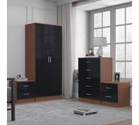 Reflect 2 Door Plain Wardrobe, 5 Drawer Chest, 2X 2 Drawer Bedsides - Black Gloss & Walnut - Modern Bedroom Furniture Set