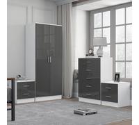 Reflect 2 Door Plain Wardrobe, 5 Drawer Chest, 2X 2 Drawer Bedsides - Grey Gloss & Matt White - Modern Bedroom Furniture Set