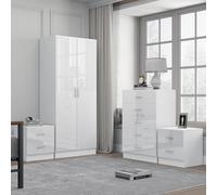 Reflect 2 Door Plain Wardrobe, 5 Drawer Chest, 2X 2 Drawer Bedsides - White Gloss & Matt White - Modern Bedroom Furniture Set