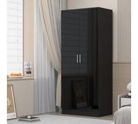 Reflect 2 Door Plain Wardrobe - Black Gloss & Black Oak - Hanging Rails & Shelves - H: 180Cm X W: 76Cm - Modern Sleek Design