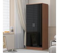 Reflect 2 Door Plain Wardrobe - Black Gloss & Walnut - Hanging Rails & Shelves - H: 180Cm X W: 76Cm - Modern Sl esign