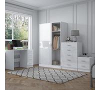 Reflect 2 Door Sliding Wardrobe, 5 Drawer Chest, 2 Drawer Bedside & Desk - White Gloss & Matt White - Modern Bedroom Furniture Set