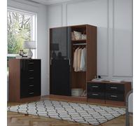 Reflect 2 Door Sliding Wardrobe, 5 Drawer Chest, 2X 2 Drawer Bedsides - Black Gloss & Walnut - Modern Bedroom Furniture Set