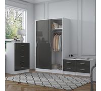 Reflect 2 Door Sliding Wardrobe, 5 Drawer Chest, 2X 2 Drawer Bedsides - Grey Gloss & Matt White - Modern Bedroom Furniture Set