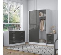 Reflect 2 Door Sliding Wardrobe, 6 Drawer Wide Chest, 3 Drawer Bedside - Grey Gloss & Matt White - Modern Bedroom Furniture Set