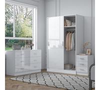Reflect 2 Door Sliding Wardrobe, 6 Drawer Wide Chest, 3 Drawer Bedside - White Gloss & Matt White - Modern Bedroom Furniture Set