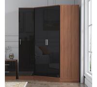 Reflect 2Pc Wardrobe Bundle - 2 Door Corner + 1 Door Plain - Black Gloss & Walnut - H: 180Cm X W: 179Cm X D: 103Cm