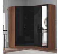 Reflect 2Pc Wardrobe Bundle - 2 Door Corner + 2 Door Mirror - Black Gloss & Walnut - H: 180Cm X W: 179Cm X D: 103Cm