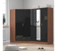 Reflect 2Pc Wardrobe Bundle - 2 Door Corner + 3 Door Mirror - Black Gloss & Walnut - H: 180Cm X W: 179Cm X D: 103Cm