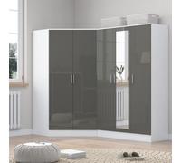 Reflect 2Pc Wardrobe Bundle - 2 Door Corner + 3 Door Mirror - Grey Gloss & Matt White - H: 180Cm X W: 179Cm X D: 103Cm