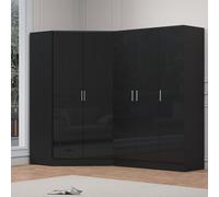 Reflect 2Pc Wardrobe Bundle - 2 Door Corner + 3 Door Plain - Black Gloss & Black Oak - H: 180Cm X W: 179Cm X D: 103Cm