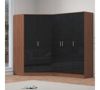 Reflect 2Pc Wardrobe Bundle - 2 Door Corner + 3 Door Plain - Black Gloss & Walnut - H: 180Cm X W: 179Cm X D: 103Cm