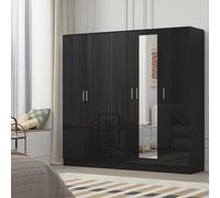 Reflect 2Pc Wardrobe Bundle - 3 Door Mirror + 2 Door Plain - Black Gloss & Black Oak - H: 180Cm X W: 188Cm X D: 47Cm