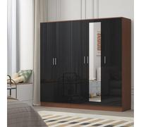 Reflect 2Pc Wardrobe Bundle - 3 Door Mirror + 2 Door Plain - Black Gloss & Walnut - H: 180Cm X W: 188Cm X D: 47Cm