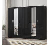 Reflect 2Pc Wardrobe Bundle - 3 Door Mirror + 3 Door Mirror - Black Gloss & Black Oak - H: 180Cm X W: 224Cm X D: 47Cm