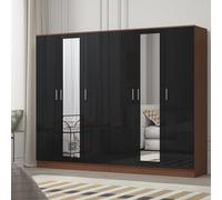 Reflect 2Pc Wardrobe Bundle - 3 Door Mirror + 3 Door Mirror - Black Gloss & Walnut - H: 180Cm X W: 224Cm X D: 47Cm