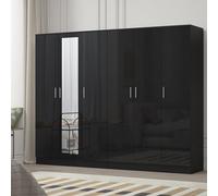 Reflect 2Pc Wardrobe Bundle - 3 Door Mirror + 3 Door Plain - Black Gloss & Black Oak - H: 180Cm X W: 224Cm X D: 47Cm